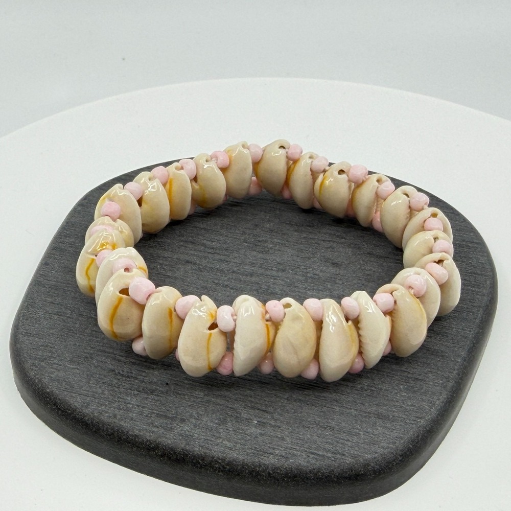 Boho Cowrie Shell Bracelet Pink Bead Accents‎ Beachy Summer Layering Stackable